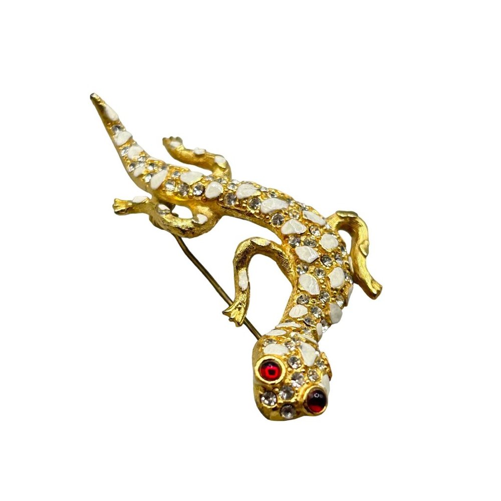 Vintage Gecko Pin Brooch Gold Tone with White Enamel Spots Animal Figural Pin